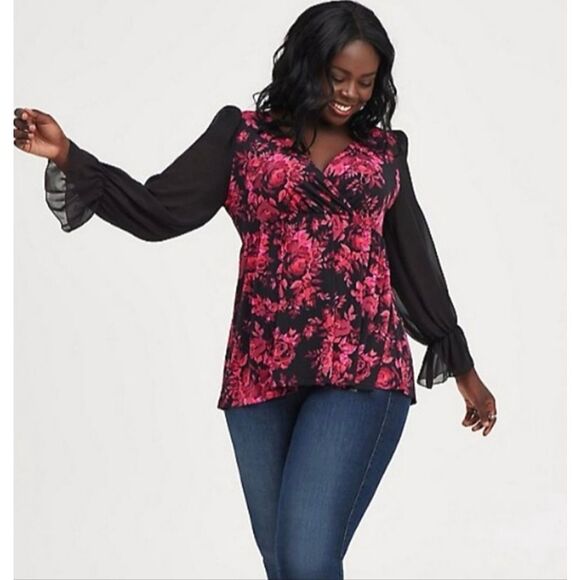 Torrid Black and Pink Floral Surplice Sheer Sleeve Polyester Top Sz XXL - Picture 4 of 13